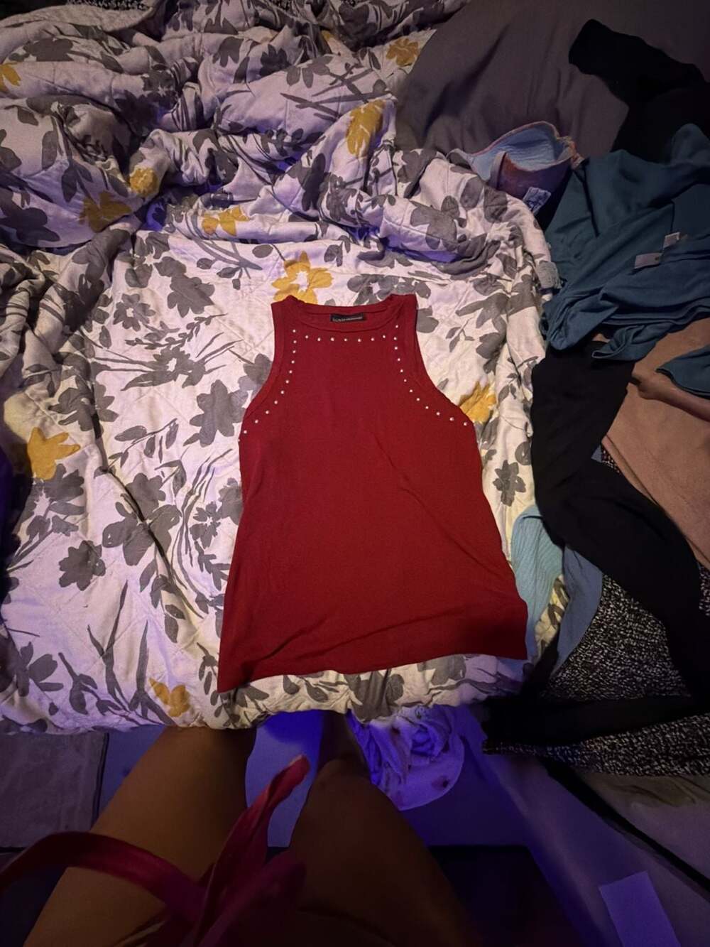 Bold Elements Women's Wine Red Ribbed High-Neck Studded Tank Top